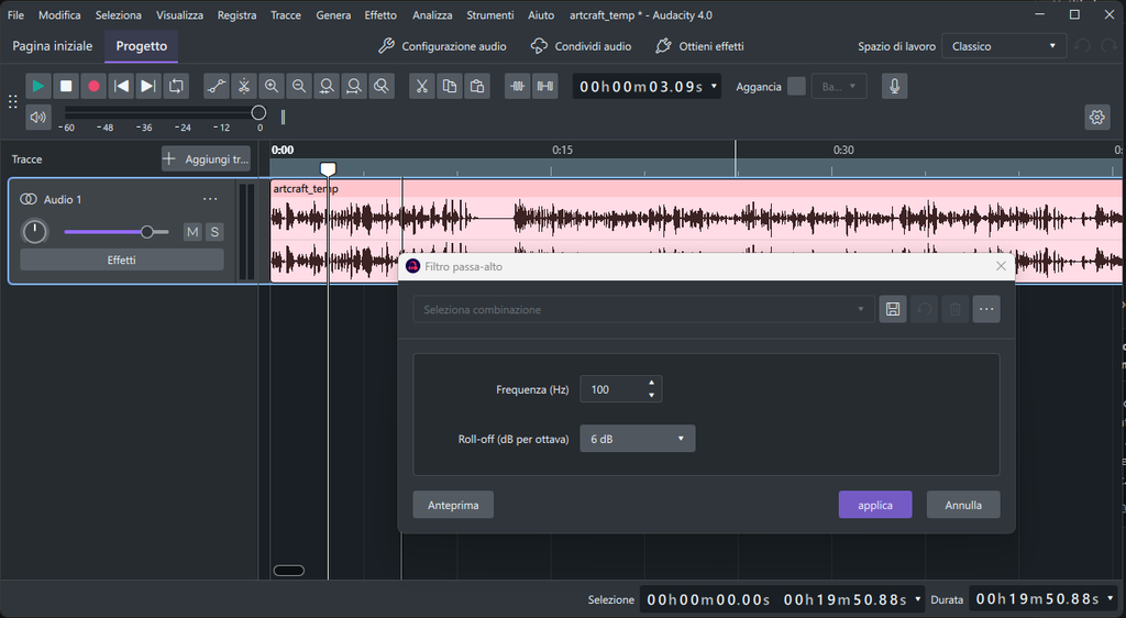 Audacity - filtro passa-alto