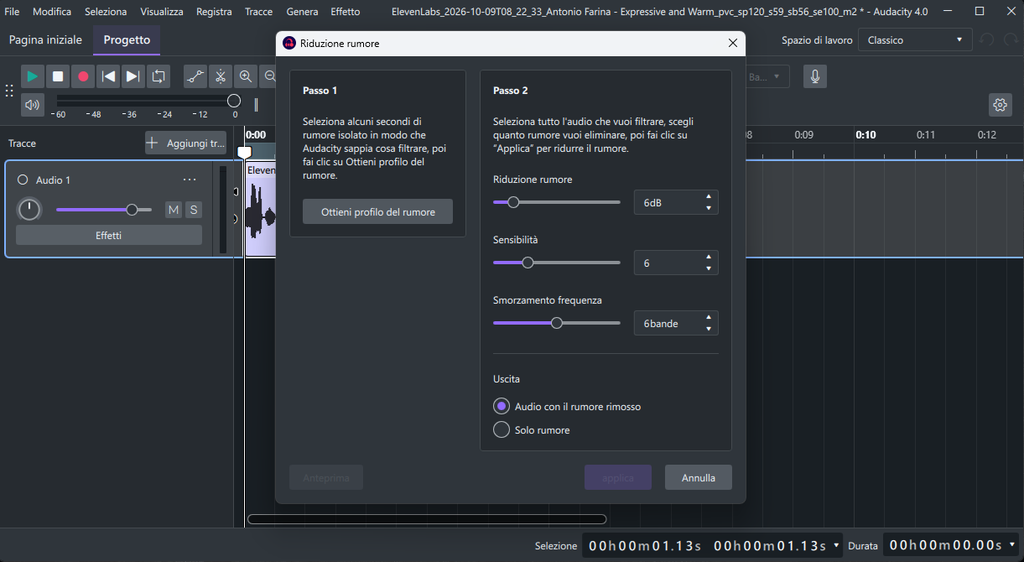 Audacity - Effetti - Riduzione del rumore